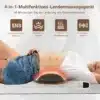 Efektiivne puldiga EMS seljamassaaži aparaat | E-pood Tootemaailm Naine lamab valgel vaibal, kasutades Efektiivne puldiga EMS seljamassaaži aparaat; pult on samuti vaibal. Taustal on info erinevate massaažifunktsioonide kohta.
