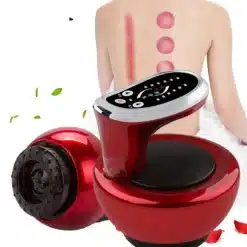 Negatiivse rõhuga elektriline kupumasaaži aparaat punases toonis, millel on digitaalne ekraan. Seade asetatud tagaplaanil oleva inimese selja külge, millel on näha kupumassaaži jäljed.