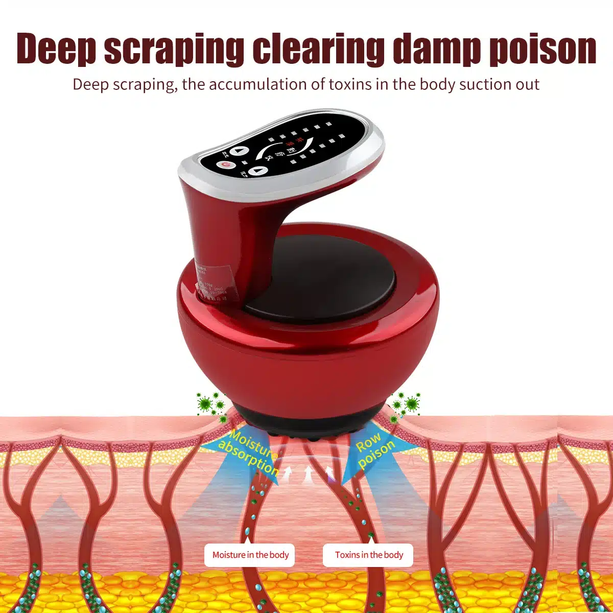 Punane elektriline kupumasaaži aparaat tekstiga 'Deep scraping clearing damp poison', millel on musta ja valge juhtpaneel, asetatud nahamustriga taustale, rõhutades toksinide eemaldamise efekti.