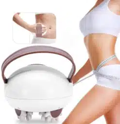 Valge ja pruun elektriline väike rullmasaaži käsiaparaat, mida kasutatakse naise kõhul vereringe parandamiseks. Aparaadi taustal on näha õrnalt valge taust rõhutamas seadme elegantset disaini.