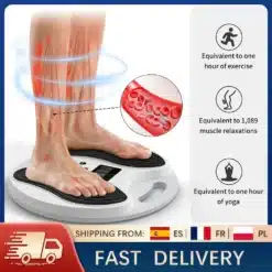 Eriti efektiivne EMS jalamassaažiseade, millel seisavad paljad jalad. Seadme musta ja valge disainiga platvormil on jalgade kohal näidatud lihaste stimulatsiooni mõju. Taustal on punase ja sinise tooniga graafika, mis illustreerib vereringet ja lihaste lõdvestamist.