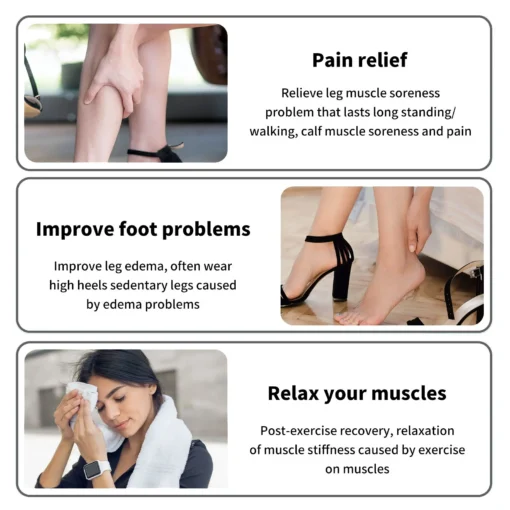 Eriti efektiivne EMS jalamassaažiseade | E-pood Tootemaailm Eriti efektiivne EMS jalamassaažiseade, mida kasutatakse valutavate jalgade leevendamiseks, asetatud kaasaegse neutraalse interjööriga taustal. Puhketoolil istub inimene, kes masseerib vasikat ja lõõgastab jalamuskleid.