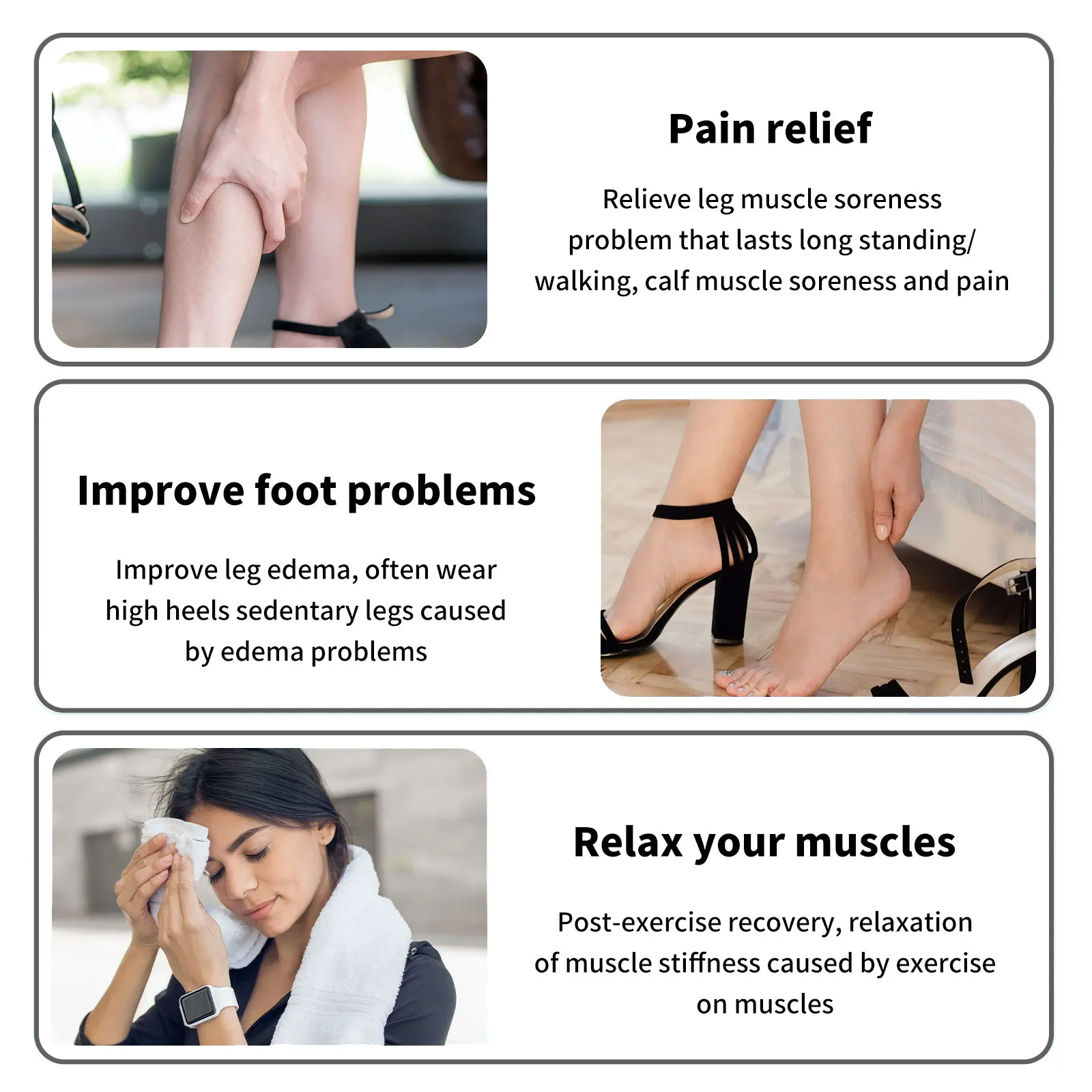 Eriti efektiivne EMS jalamassaažiseade, mida kasutatakse valutavate jalgade leevendamiseks, asetatud kaasaegse neutraalse interjööriga taustal. Puhketoolil istub inimene, kes masseerib vasikat ja lõõgastab jalamuskleid.