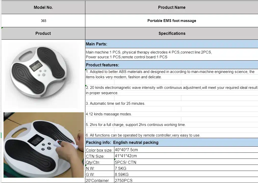 Eriti efektiivne EMS jalamassaažiseade mustade pehmete jalamattidega valgel ümaral alusel, LED-ekraani ja juhtnuppudega, asetatud puidust lauale siseruumides.