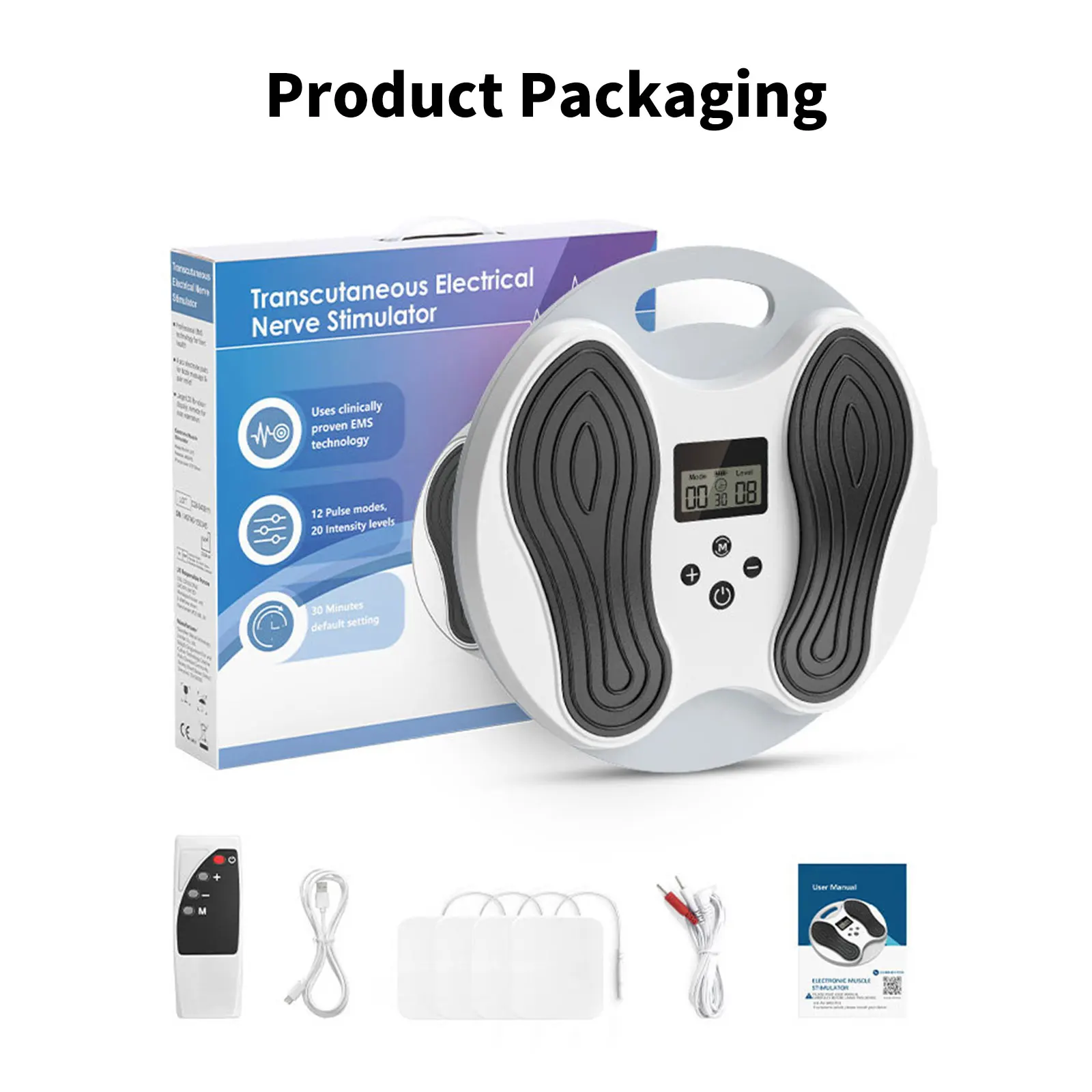 Eriti efektiivne EMS jalamassaažiseade on musta ja valge värviga, digitaalekraaniga ja kaasas oleva juhtimispuldi ning elektroodiplaatidega. Seade on pakitud professionaalsesse kasti, millel on selged tootetutvustused, asetatud neutraalsele taustale.