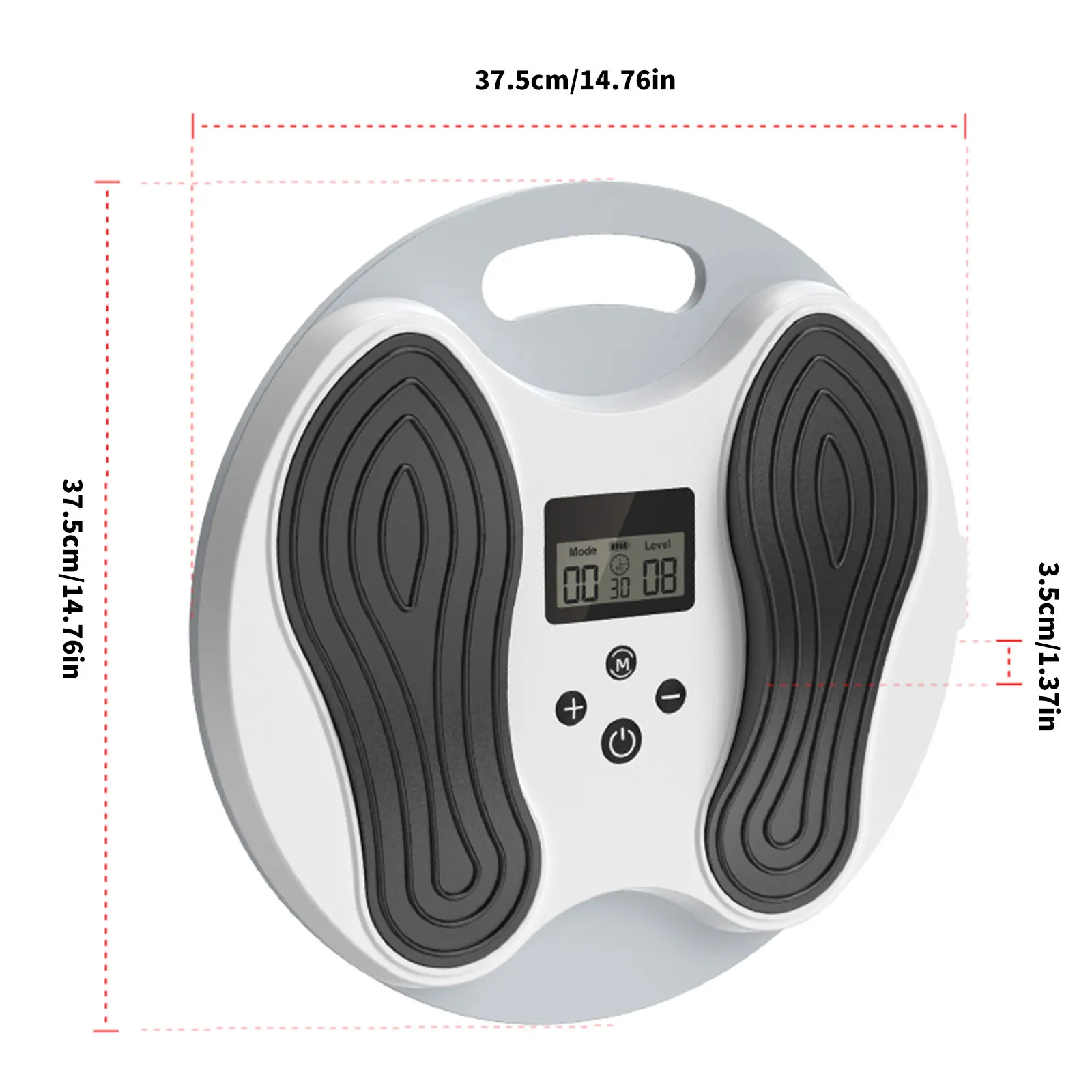 Eriti efektiivne EMS jalamassaažiseade, valges toonis, mis on varustatud digitaalse ekraani ja mustade jalapadjanditega, asub valgel taustal, mõõtudega 37.5cm x 37.5cm x 3.5cm.