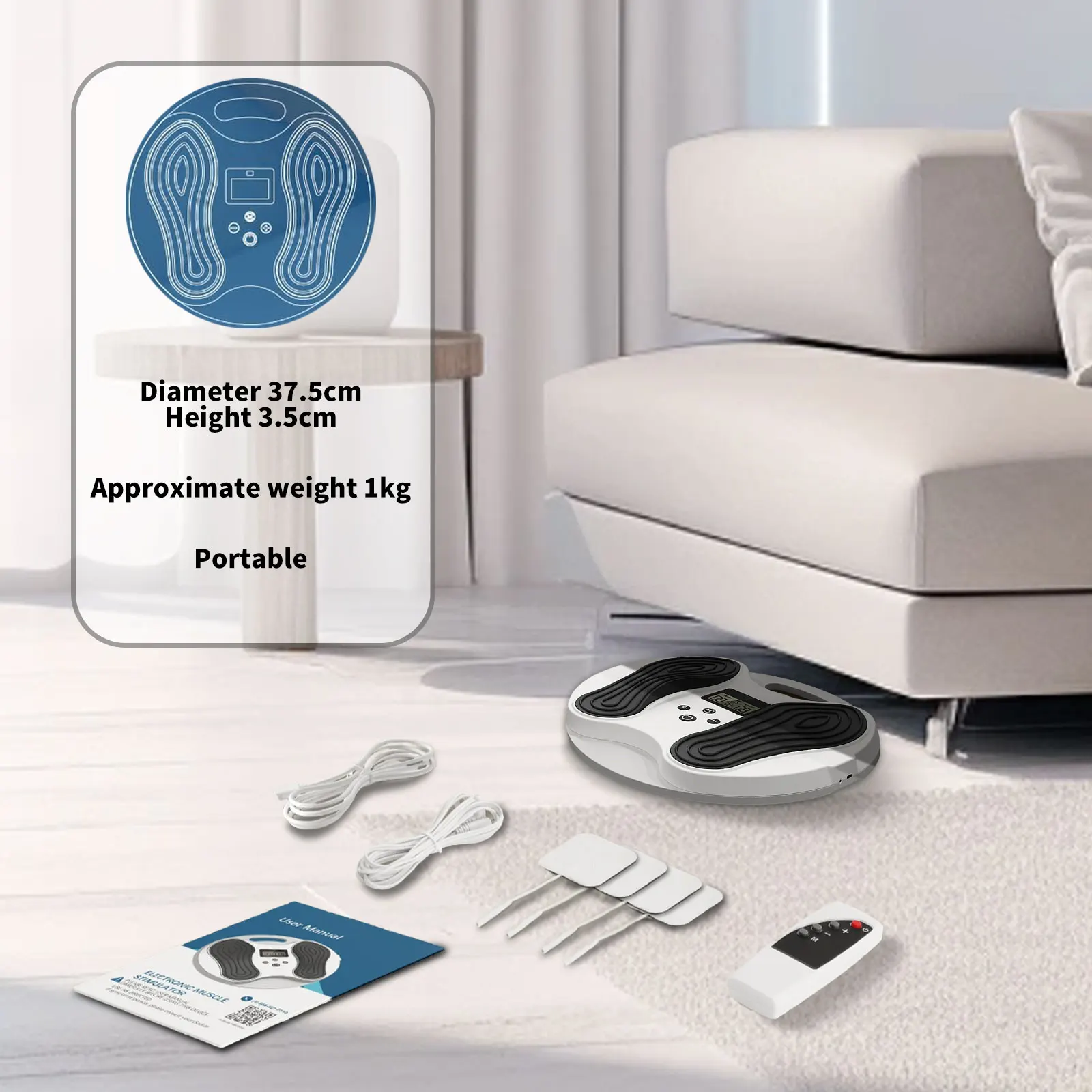 Eriti efektiivne EMS jalamassaažiseade valgel vaibal elutoas, koos kaablite ja juhendiga. Taustal on hele diivan ning kerge kardina osa.