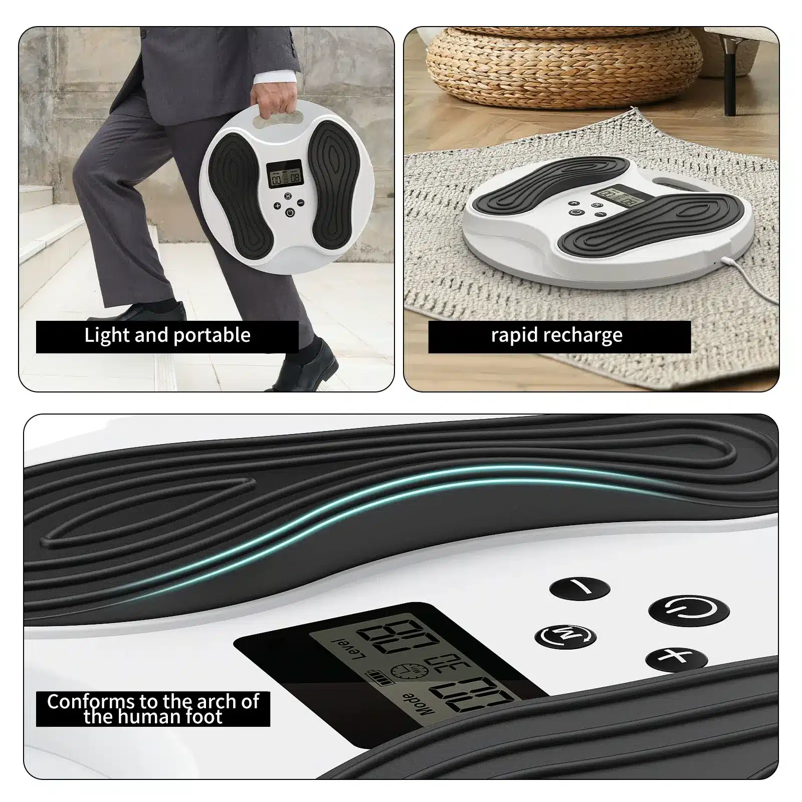 Kaasaskantav Eriti efektiivne EMS jalamassaažiseade mustvalges disainis, mugava käepidemega, asetatud vaibale ja kaasas kantav ametlikus keskkonnas. Seade sobib jala võlvile ja sisaldab digitaalset ekraani ning juhtnuppe.