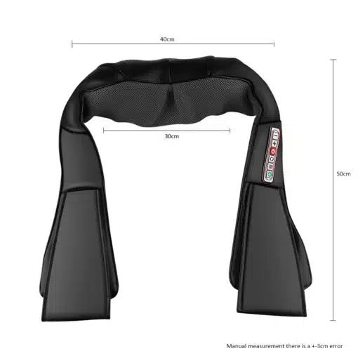 Mugav elektriline õlamassaži aparaat mustas värvitoonis, pehme polstriga ja sisseehitatud juhtnuppudega, visandatud mõõtmetega valgel taustal.