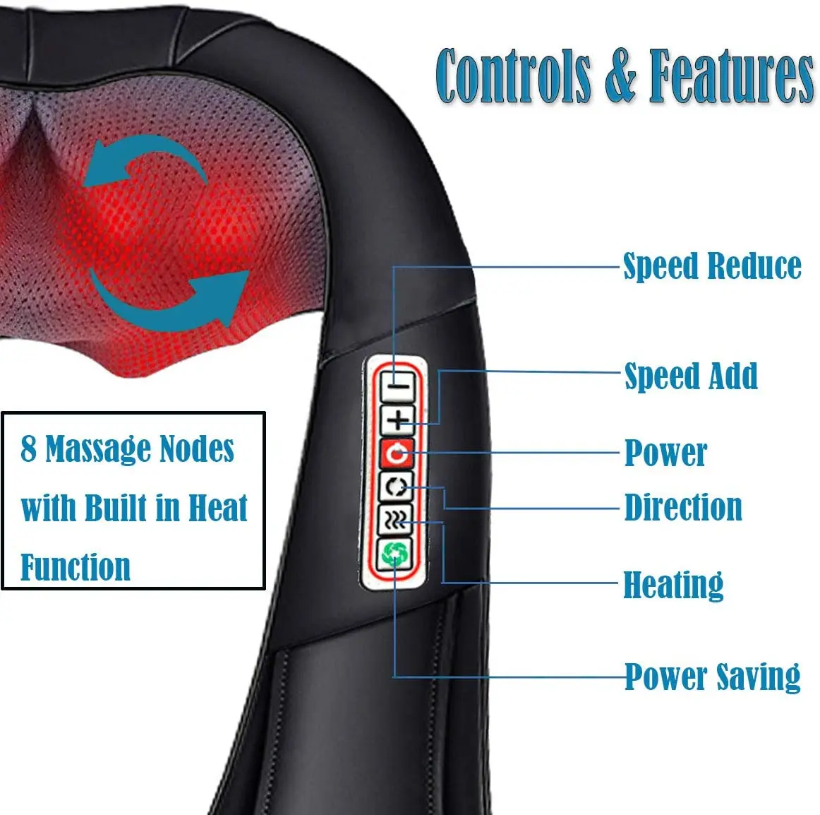 Mugav elektriline õlamassaži aparaat, musta värvi, koos mitme juhtnupuga, sealhulgas kiiruse reguleerimise, soojendusfunktsiooni ja suunavalikuga, rõhutatud massaažisõlmedega.