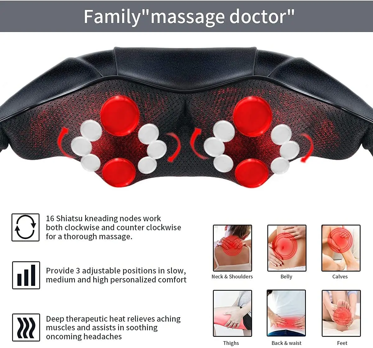 Mugav elektriline õlamassaži aparaat musta värvi, silmapaistvate punaste ja valgete sõlmedega intensiivseks massaažiks, asetatud neutraalsele taustale.