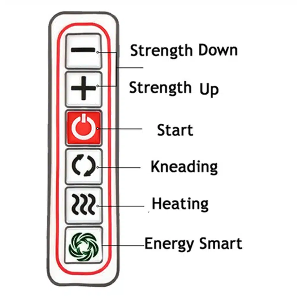 Mugav elektriline õlamassaži aparaat, mille juhtpaneelil on erinevad nupud nagu tugevuse vähendamine, suurendamine, algus, sõtkumine, soojendus ja energiatõhususe nupp. Paneel on valge punaste ja mustade märgistustega.