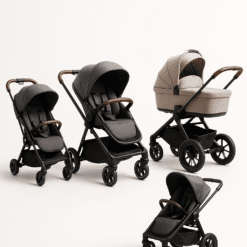 Erinevad lapsevankrid ja jalutuskärud heledal taustal