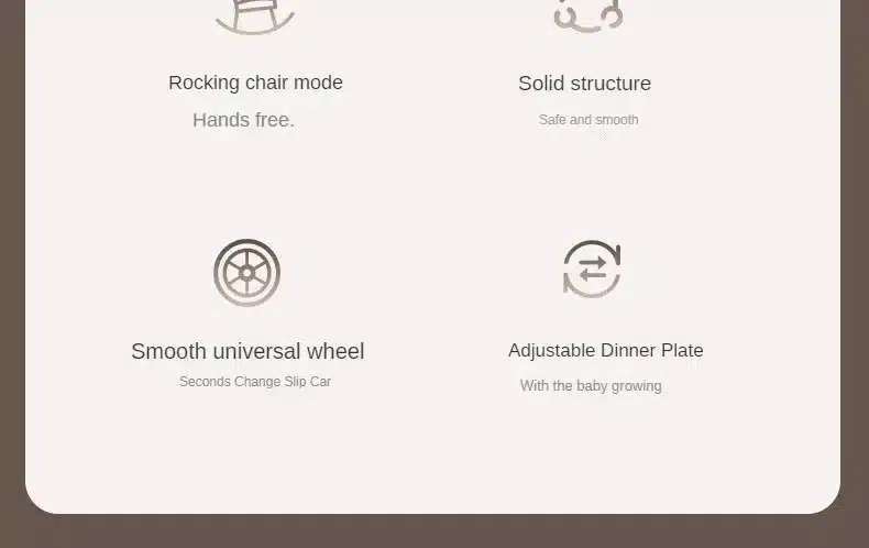 Diagram demonstrating features of the lightweight foldable baby high chair, including rocking chair mode, solid structure, smooth universal wheel, and adjustable dinner plate.
