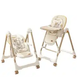 Kaheosalise komplekti pilt, mis koosneb reguleeritava kõrgusega valge ja beezi tooniga kaasaskantavast beebitoolist ja kiigest. Beebitoolil on pruunid puidust detailid, eemaldatav kandik ja pehme iste, kaunistatud loomade piltidega. Kiik on samades toonides ja mõeldud beebi mugavaks puhkehetkeks.