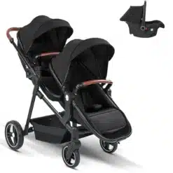 Must 3in1 kaksikute jalutuskäru turvatooliga, mis on valmistatud kvaliteetsest materjalist, sisaldab kahte mugavat istekohta ja pruunide detailidega käepidet, pildistatud valgel taustal.