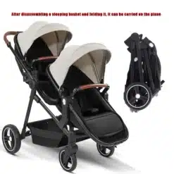 Elegantne must ja beež 3in1 kaksikute jalutuskäru turvatooliga, kokkupanduna kompaktselt reisimiseks. Kvaliteetne metallraam ja nahksed käepidemed.