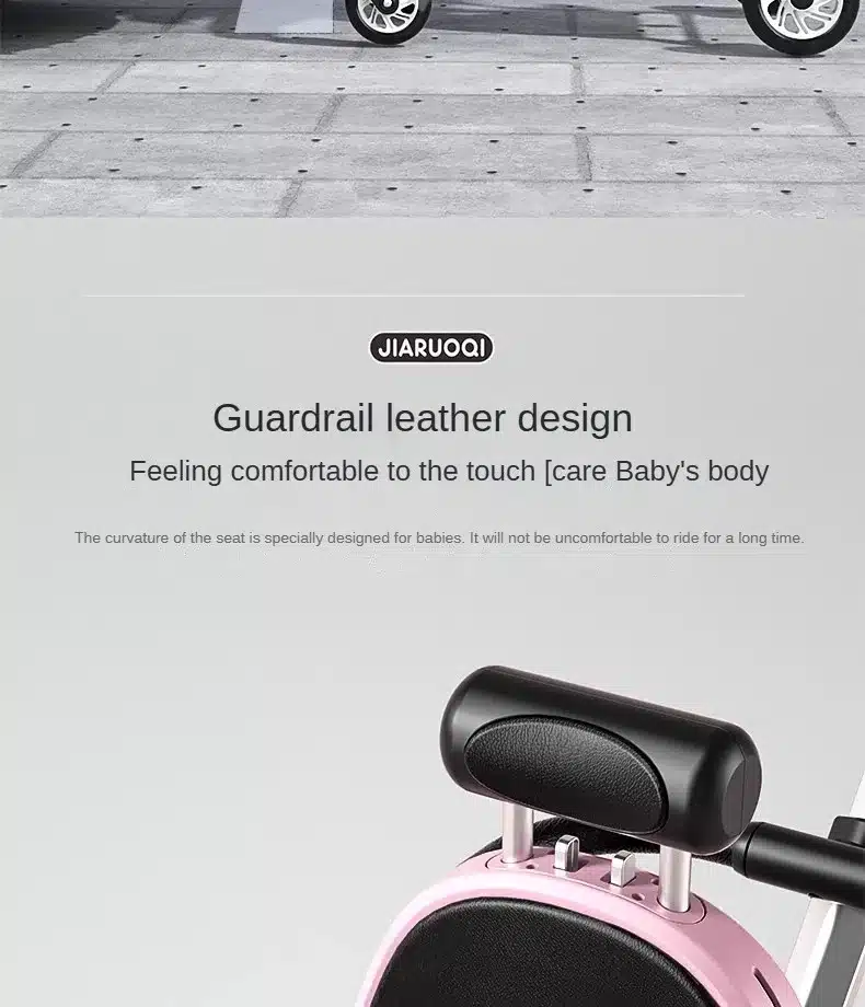 Kerge kahekohaline päikesevarjuga laste jalutuskäru, millel on nahast turvarööpa disain, tume ja hele roosa värv, pöördsed rattad, halli kivi taustal.