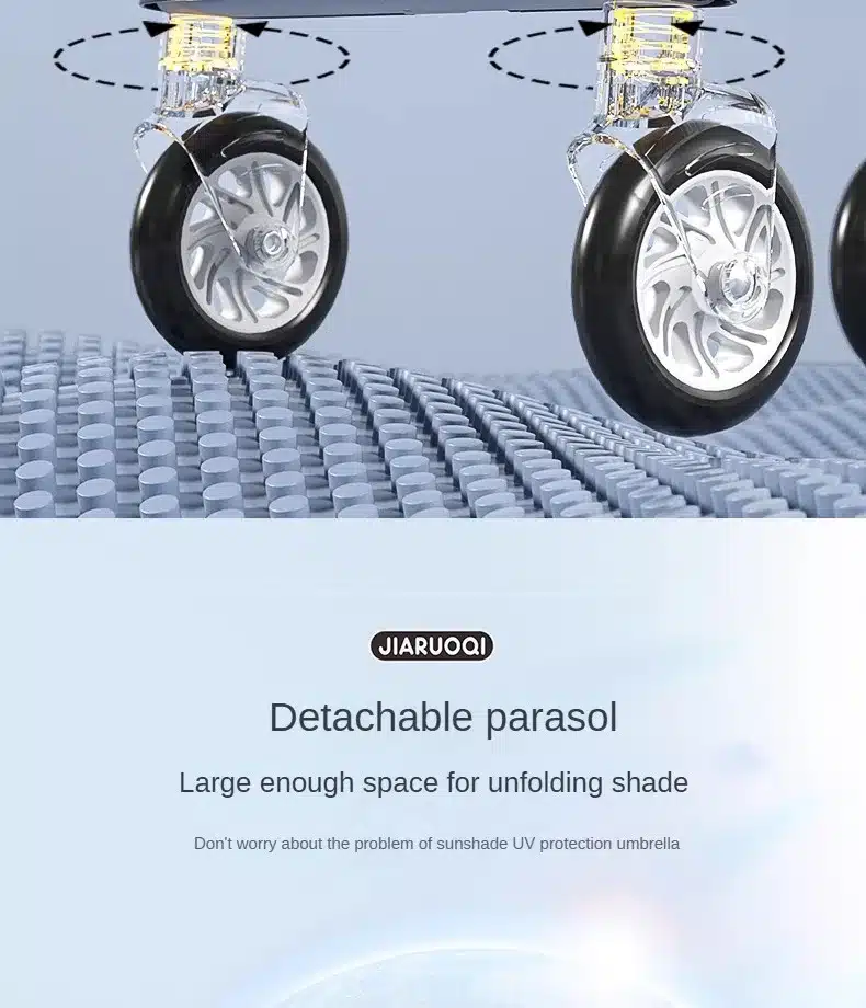 Kerge kahekohalise päikesevarjuga laste jalutuskäru rataste lähivaade, millel on hõbedased mustrid ja vastupidav konstruktsioon. Taustal on sinakashall pind, mis toob esile rataste kaasaegse disaini.