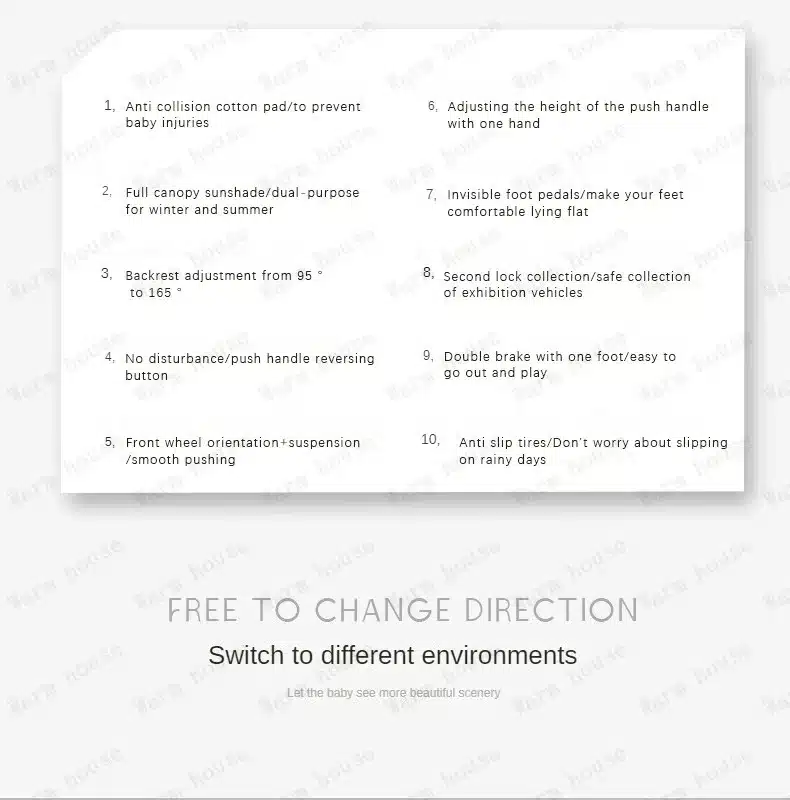 Valge taustaga leht, millel on loetletud kümme omadust multifunktsionaalsete kergete beebide reisikärude jaoks, sealhulgas põrutuskaitse, täielik varikatus, seljatoe reguleerimine ja libisemisvastased rehvid.