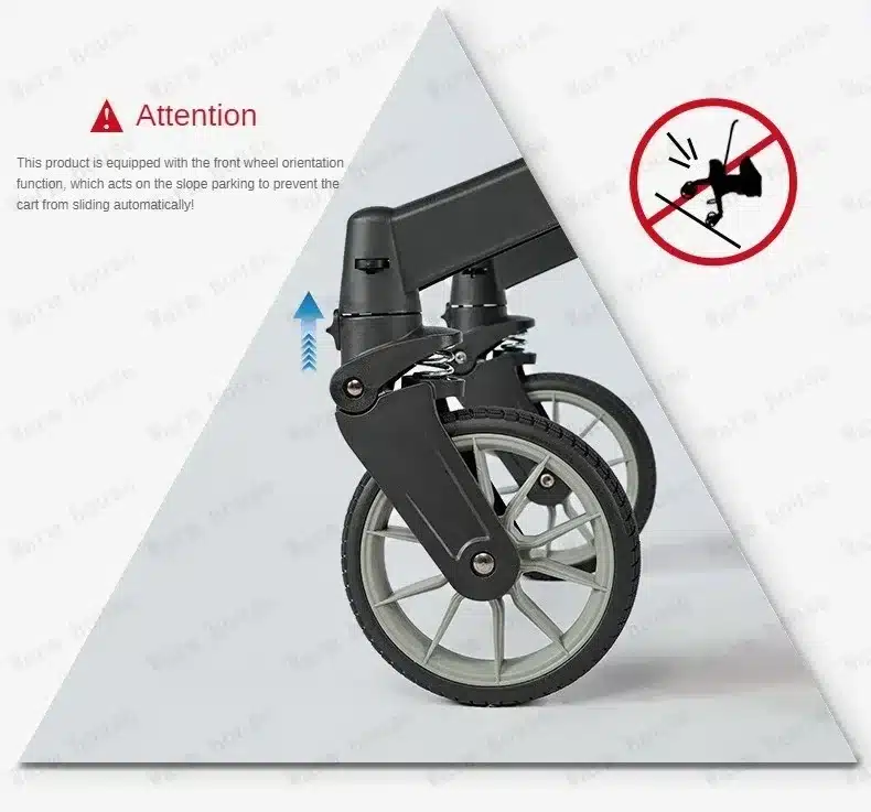 Lähivaade multifunktsionaalsete kergete beebide reisikärude esiratastele, hall ratta disain ja must raam, esiletõstetud ratta lukustussüsteemiga kergel hallil taustal.