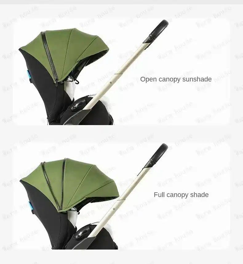 Pilt, kus on näha multifunktsionaalne kerge beebide reisikäru rohelise vari kattega, avatava ja täielikult katva päikesevarjuga. Käru musta ja halli tooni raam ning esteetiline disain paistavad valgel taustal.