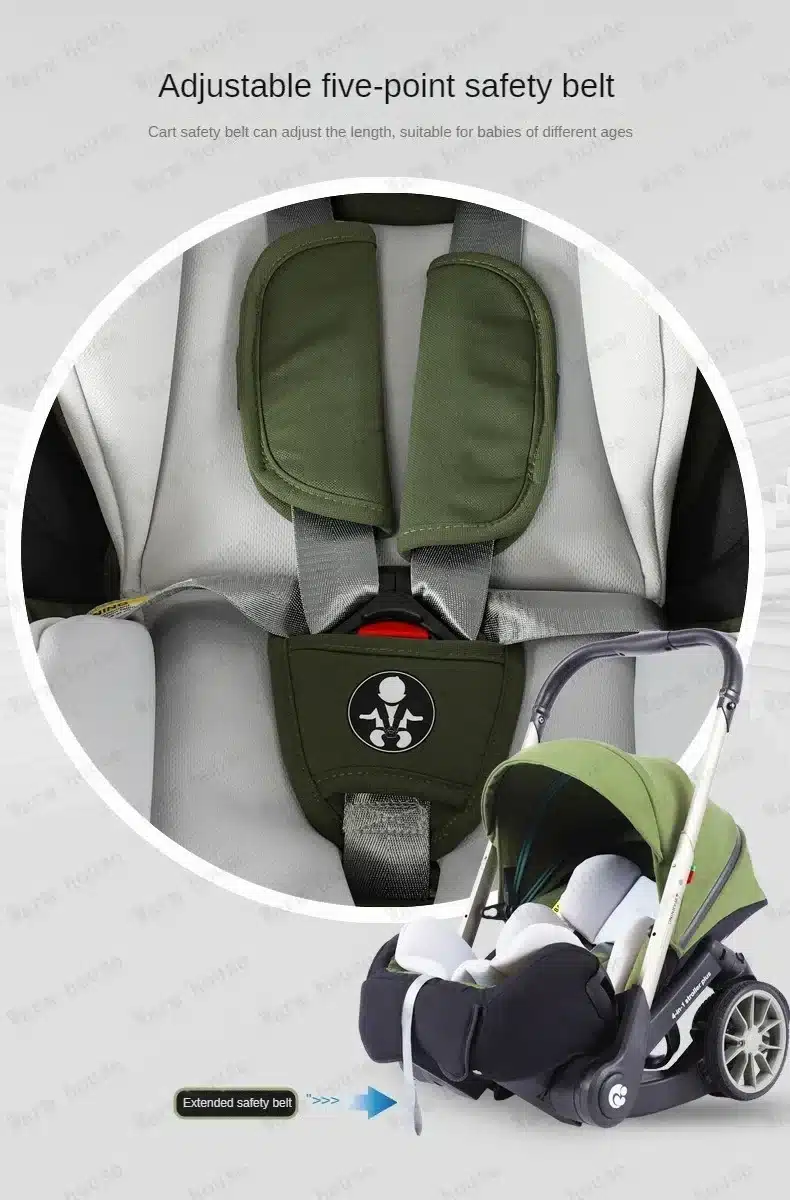 Roheline ja hall multifunktsionaalne kerge beebide reisikäru, mis on varustatud reguleeritava viie punkti turvavööga, sobides erinevas vanuses beebidele.