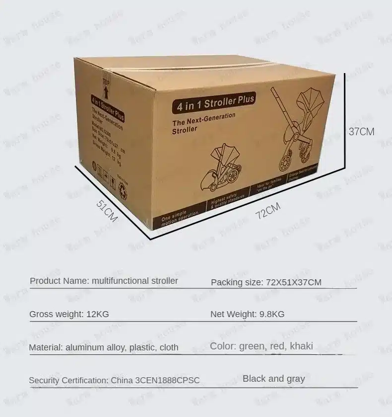 Pappkast, millel on kujutatud multifunktsionaalsed kerged beebide reisikärud. Kast on mõõtudega 72x51x37 cm ning sellel on trükitud turvalisussertifikaadid ja kärude illustratsioonid.