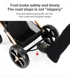 Jalgrattaga kerged ja multifunktsionaalsed lapsevankrid - reiskärud, millel on mustad rattad ja mugav jalgpidur. Detailne vaade jalgpiduri mehhanismist, kaasatud on jalg, mis rakendab pidurit, tagades stabiilsuse ja ohutuse erinevatel teedel.