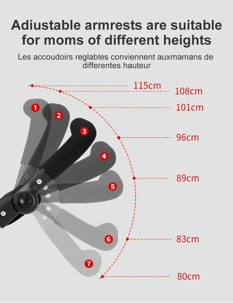 Kujutis erinevatest kõrgustest reguleeritavatest käetugedest, mustas värvitoonis, mis sobivad kergede ja multifunktsionaalsete lapsevankrite - reiskärude jaoks. Käetoed on paigutatud mitmesse erinevasse nurka halli tausta peal, millel märgitud erinevad kõrgused sentimeetrites.
