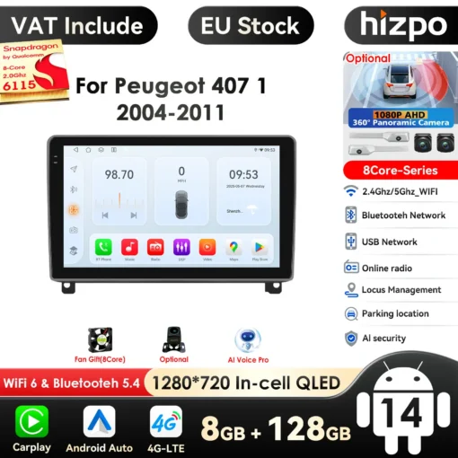 Peugeot 407 2004-2011 Android autoraadio koos suure 1280x720 QLED ekraaniga näitab erinevaid rakendusi, nagu muusika ja raadio. Seade toetab WiFi, Bluetoothi ning AI hääljuhtimist.
