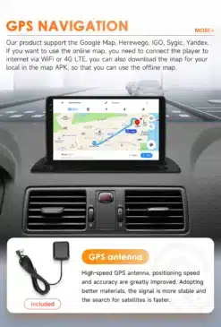 Volvo XC90 2004-2014 autoraadio Android 14 GPS Carplay 2 DIN kuvab autos navigatsioonisüsteemi kaardiekraani. Kaasaegne ekraan koos Google Maps rakendusega ja kaasasolev GPS antenn asetseb auto armatuurlaual halli interjööri taustal.