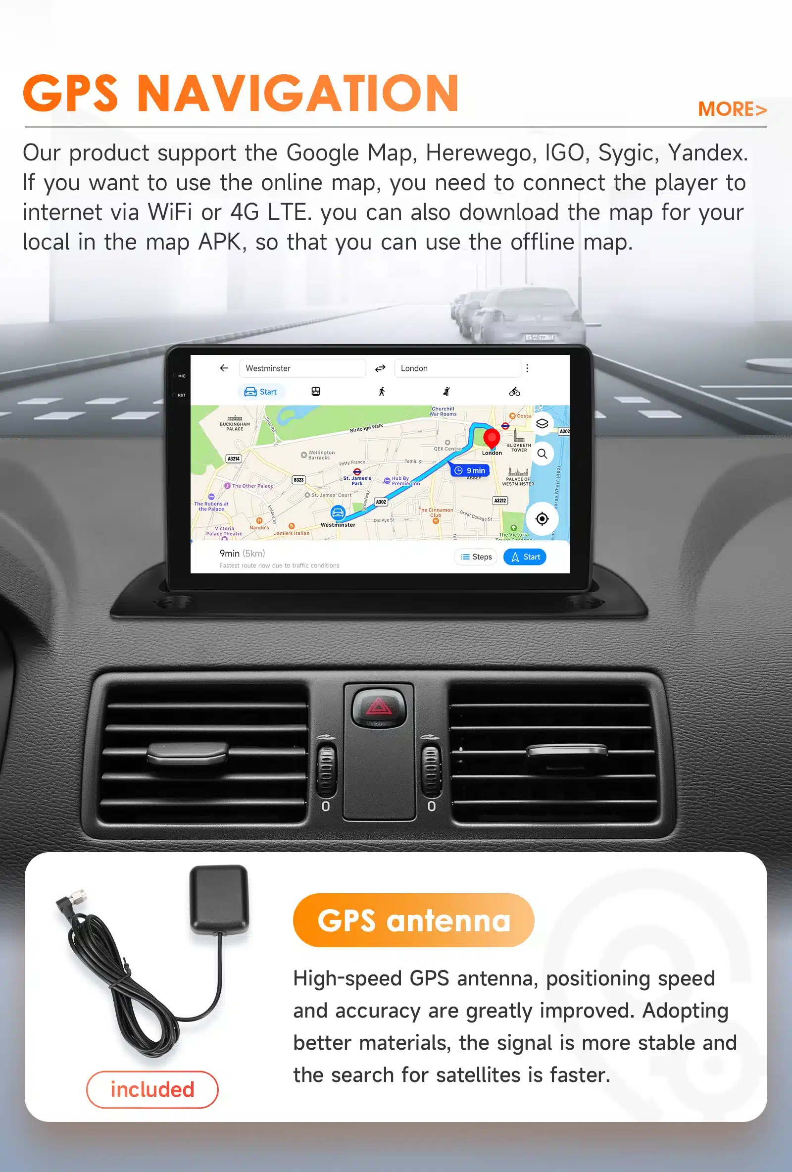 Volvo XC90 2004-2014 autoraadio Android 14 GPS Carplay 2 DIN kuvab autos navigatsioonisüsteemi kaardiekraani. Kaasaegne ekraan koos Google Maps rakendusega ja kaasasolev GPS antenn asetseb auto armatuurlaual halli interjööri taustal.