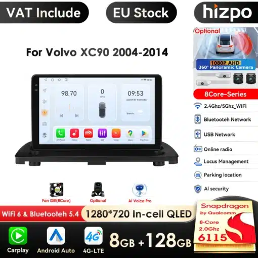 Volvo XC90 2004-2014 autoraadio, millel on Android 14 süsteem, GPS ja Carplay. Ekraan kuvab kiirust, aega ja erinevaid rakendusi. Seade on must 2 DIN korpuses, sobiv auto armatuurlaudadele.