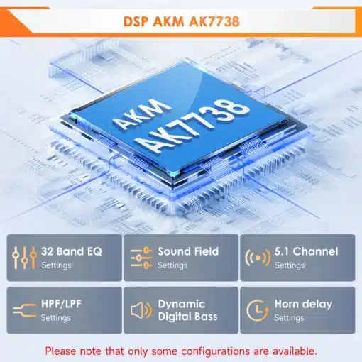 Pildil on DSP AKM AK7738 kiip Volvo XC90 2004-2014 autoraadio Android 14 GPS Carplay 2 DIN seadme jaoks. Taustal on digitaalne trükkplaat, mis rõhutab seadme tehnoloogilist täiust.