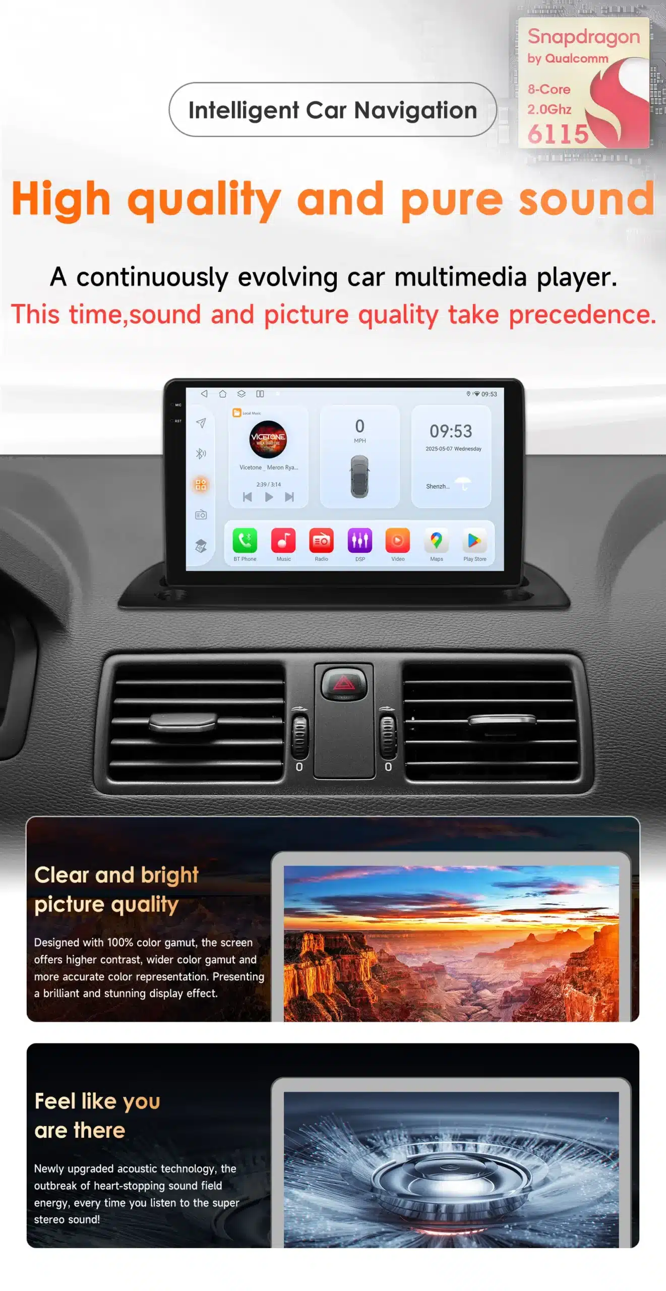 Volvo XC90 2004-2014 autoraadio Android 14 GPS Carplay 2 DIN koos suure puutetundliku ekraaniga ja mitmekülgsete rakenduste ikoonidega hallis sisustuses.