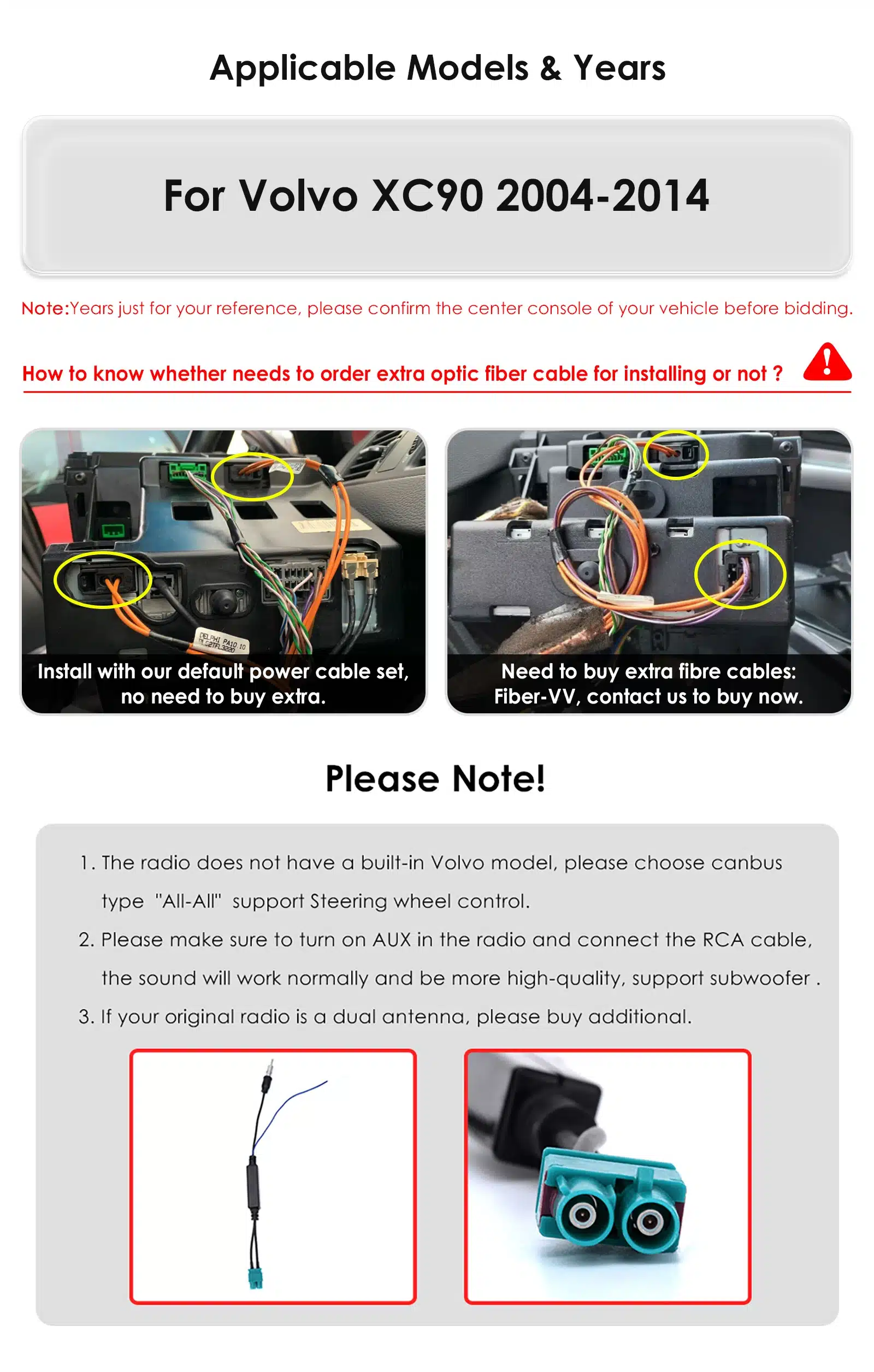 Diagramm, mis näitab Volvo XC90 2004-2014 autoraadioga Android 14 GPS Carplay 2 DIN ühilduvat toitekaabli ühendust. Pildi vasakul poolel on näha, et vaikimisi toitekaablitega paigaldamine ei vaja lisakaableid. Paremal pool on esile toodud optilise kaabli vajadus Fiber-VV süsteemile.