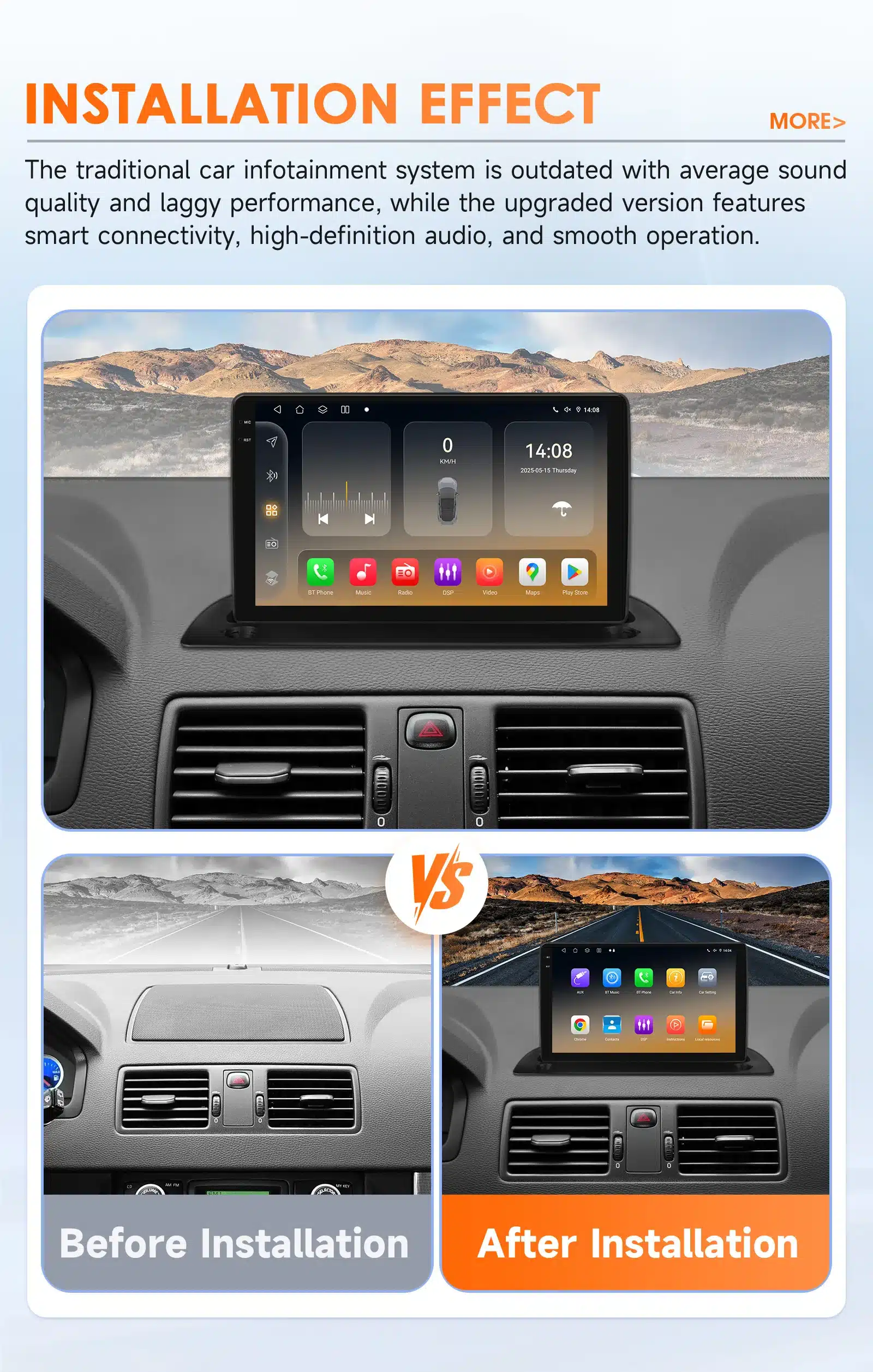 Pildi ülaosas on paigaldatud Volvo XC90 2004-2014 autoraadio Android 14 GPS Carplay 2 DIN, mille värviline ekraan kuvab erinevaid rakendusi. Alumine pool võrdleb olukorda enne ja pärast paigaldust, näidates selgelt uue süsteemi eeliseid armatuurlauda vastavalt algse ja moderniseeritud seisundina.