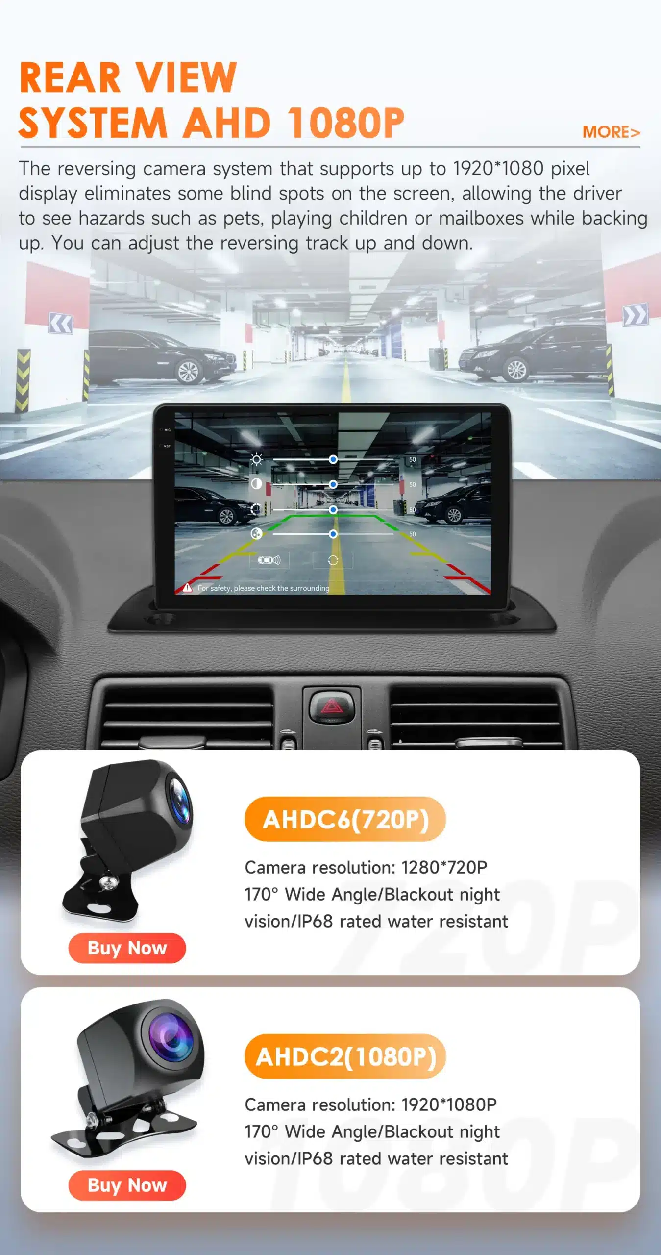 Pilt näitab parkimiskaamera süsteemi kuvatuna autoraadio ekraanil auto salongis. Volvo XC90 2004-2014 autoraadio Android 14 GPS Carplay 2 DIN kuvab kõrge resolutsiooniga parkimiskaamera pilti ja süsteemi seadistust, ümbritsetuna modernsest parkimiskohast.