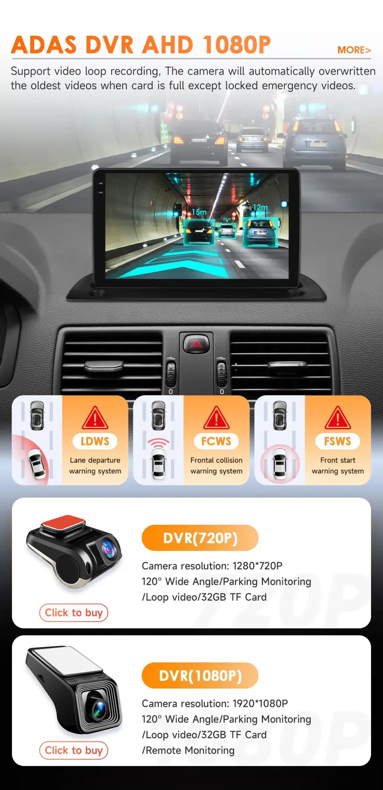 Näidatud on Volvo XC90 2004-2014 autoraadio Android 14 GPS Carplay 2 DIN süsteem koos ADAS DVR AHD 1080P kaameraga, kuvades õnnetuste ennetamise andmeid ekraanil tunneli taustal.
