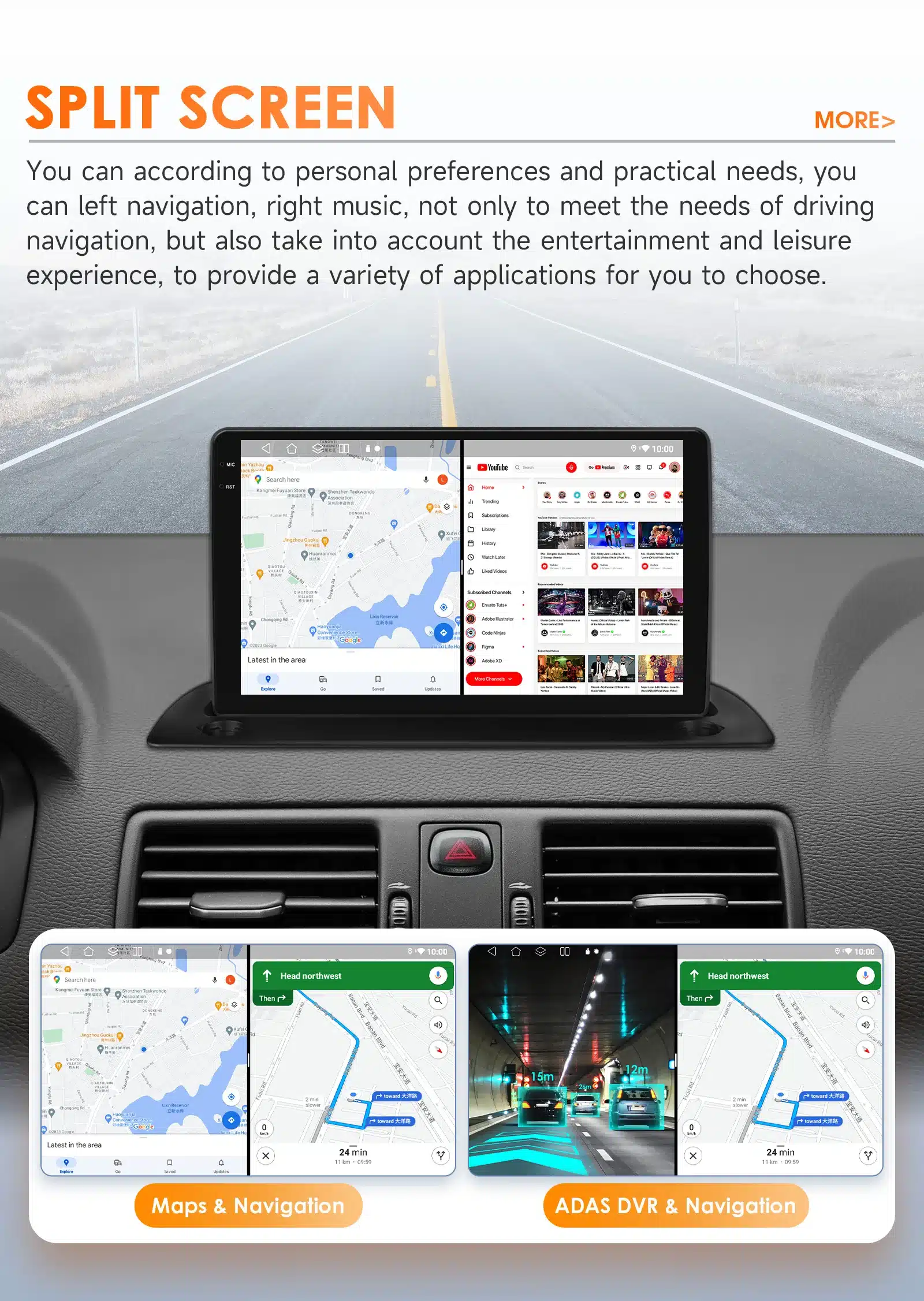 Volvo XC90 2004-2014 autoraadio Android 14 GPS Carplay 2 DIN ekraan, millel on jagatud vaade. Ekraanil kuvatakse samal ajal navigatsioonikaart ja YouTube video. Paneel asub auto armatuurlaual, hall taust.