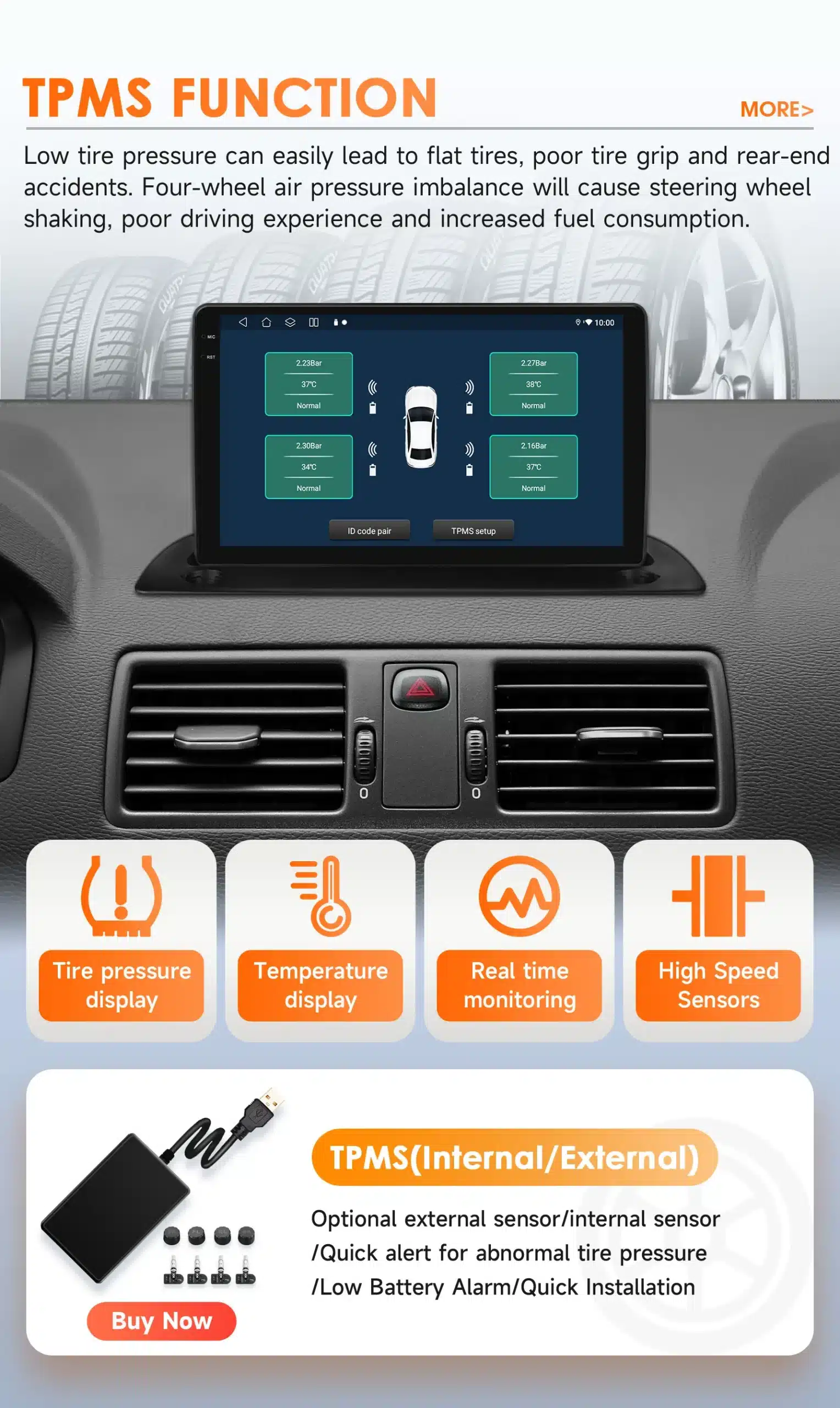 Volvo XC90 2004-2014 autoraadio Android 14 GPS Carplay 2 DIN, esipaneeli TPMS funktsiooni ekraan, illustreeritud sõiduki ja rehvirõhu andmetega salongis, rõhu ja temperatuuri indikaatorid.