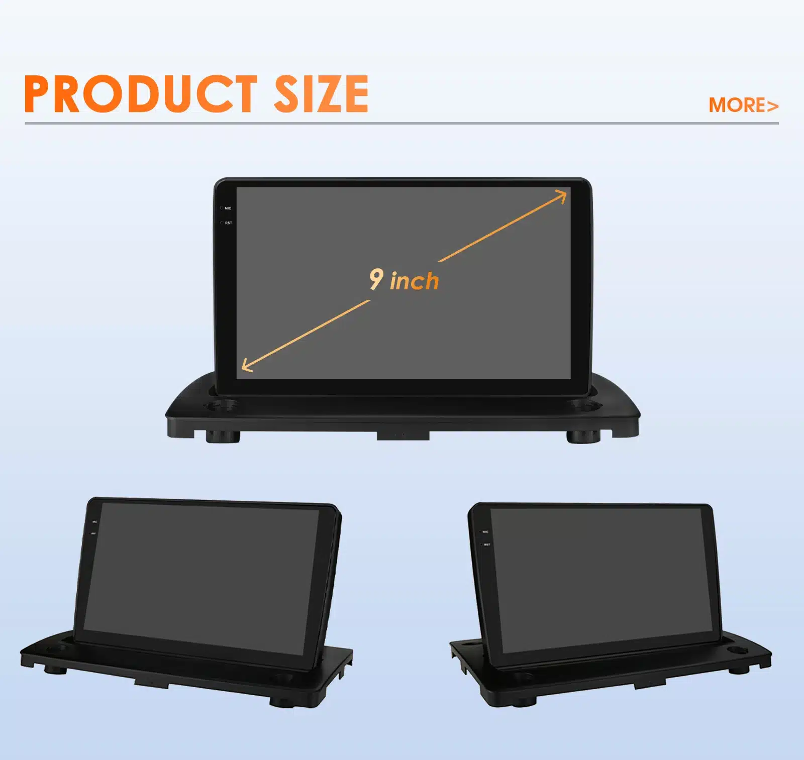 9-tolline Volvo XC90 2004-2014 autoraadio Android 14 GPS Carplay 2 DIN, must disain, 3D joonis valge tausta peal, tähistatud mõõtmetega.