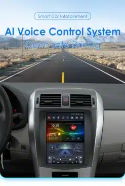 Toyota Corolla E140/E150 interjööri vaade, mis näitab 2DIN Android autoraadiot 9.7-tolline ekraaniga ja CarPlay 4G funktsionaalsusega, halli armatuurlaua taustal. Ekraanil kuvatakse erinevad rakendused ja ilmastikuinfo, pakkudes kaasaegset navigatsiooni kogemust laia, avatud maantee kõrval.