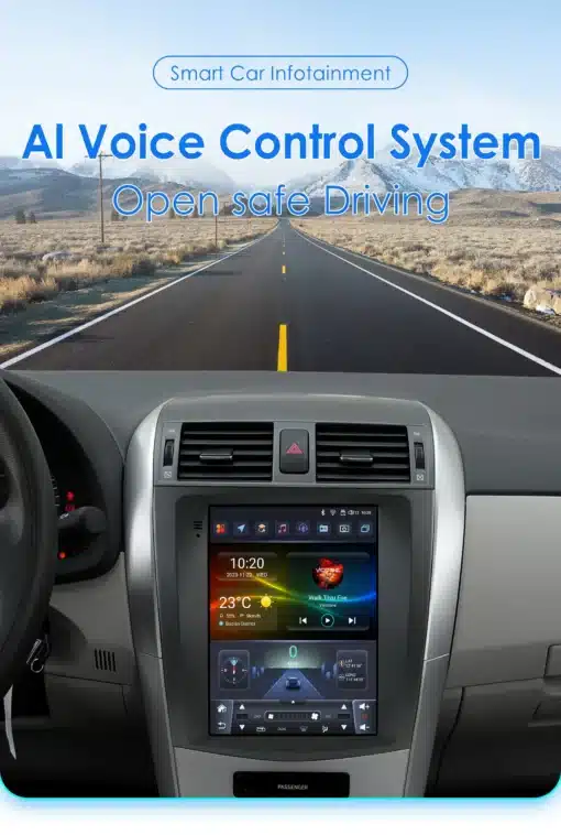 Toyota Corolla E140/E150 interjööri vaade, mis näitab 2DIN Android autoraadiot 9.7-tolline ekraaniga ja CarPlay 4G funktsionaalsusega, halli armatuurlaua taustal. Ekraanil kuvatakse erinevad rakendused ja ilmastikuinfo, pakkudes kaasaegset navigatsiooni kogemust laia, avatud maantee kõrval.