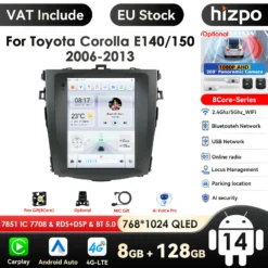 9.7-tolline Toyota Corolla E140/E150 2DIN Android autoraadio esipaneel, mis pakub kaasaegset disaini, musta värviga korpust ja funktsioonide ikoonide ekraani. Taustal on tehnilisi omadusi rõhutavad tekstid ja ikoonid.