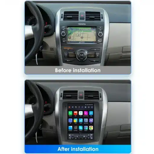 Kahe foto komplekt Toyota Corolla E140/E150 salongist, ülemisel pildil standardne autoraadio ja alumisel Toyota Corolla E140/E150 2DIN Android autoraadio 9.7" CarPlay 4G installitud, mis pakub suurt ekraani ja kaasaegseid funktsioone.