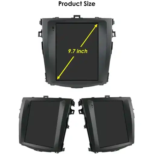 Kolm pilti Toyota Corolla E140/E150 2DIN Android autoraadiost koos 9.7-tollise ekraaniga, näidates erinevaid vaatenurki ja esitledes seadme suurust musta plastkorpuse sees.
