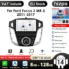 Ford Focus 2011-2015 Android autoraadio GPS | E-pood Tootemaailm Ford Focus 2011-2015 Android autoraadio GPS, hall ja must värv, puutetundlik ekraan, erinevad funktsioonid nagu Bluetooth ja Wi-Fi ning lisavõimalused nagu AI Voice Pro. Taustal toote omadused ja ikoonid.