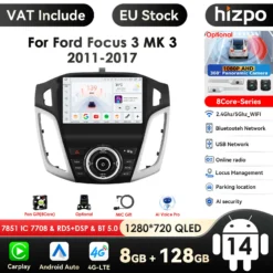 Ford Focus 2011-2015 Android autoraadio GPS, hall ja must värv, puutetundlik ekraan, erinevad funktsioonid nagu Bluetooth ja Wi-Fi ning lisavõimalused nagu AI Voice Pro. Taustal toote omadused ja ikoonid.